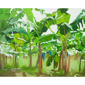 image: oil on masonite painting by artist Katrie Bonanno of banana trees in St. Lucia in the Caribbean
