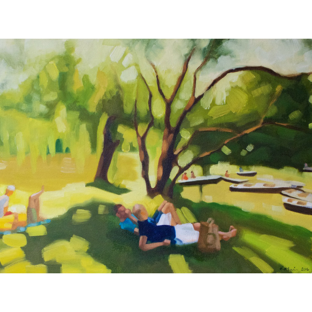 photo: oil on canvas painting by artist Katrie Bonanno of people relaxing watching boaters in central park boathouse in New York City Passing Time