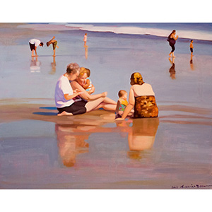 image: oil on canvas mounted on masonite painting by artist Katrie Bonanno of people at the beach at dusk