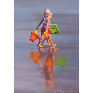 image: oil on masonite painting by artist Katrie Bonanno of two children on the beach with their reflections in the water