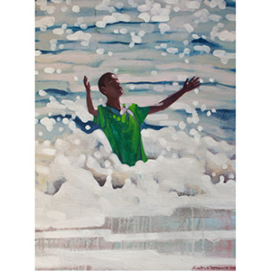 image: oil on canvas painting by artist Katrie Bonanno of swimmer falling into the wave