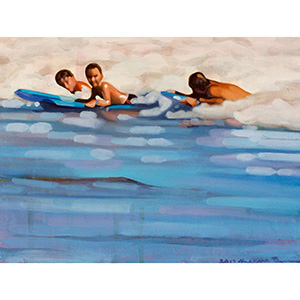 image: oil painting on masonite board by artist Katrie Bonanno of a beach scene with surfers riding the wave