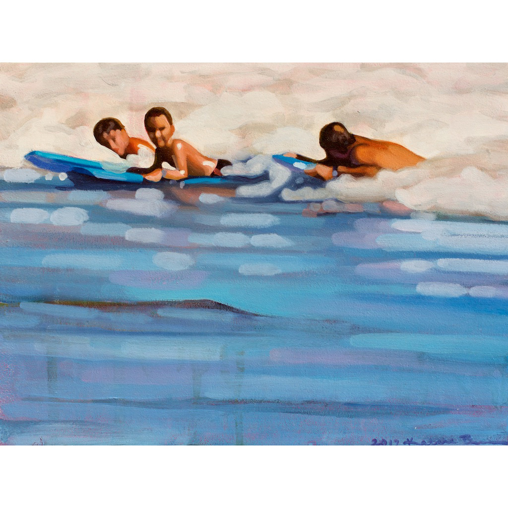 photo: oil painting on masonite board by artist Katrie Bonanno of a beach scene with surfers riding the wave Riding the wave
