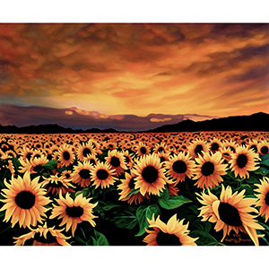 image: oil painting commission on masonite board of sunset over field of sunflowers  by artist Katrie Bonanno