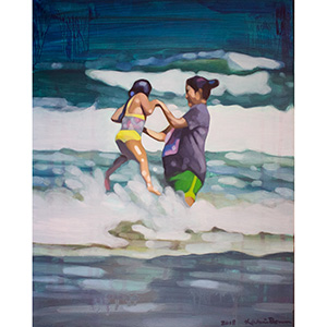 image: oil on masonite painting of two people jumping in the wave in the ocean by artist Katrie Bonanno