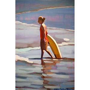 image: oil on masonite painting of surfer girl in the ocean by artist Katrie Bonanno