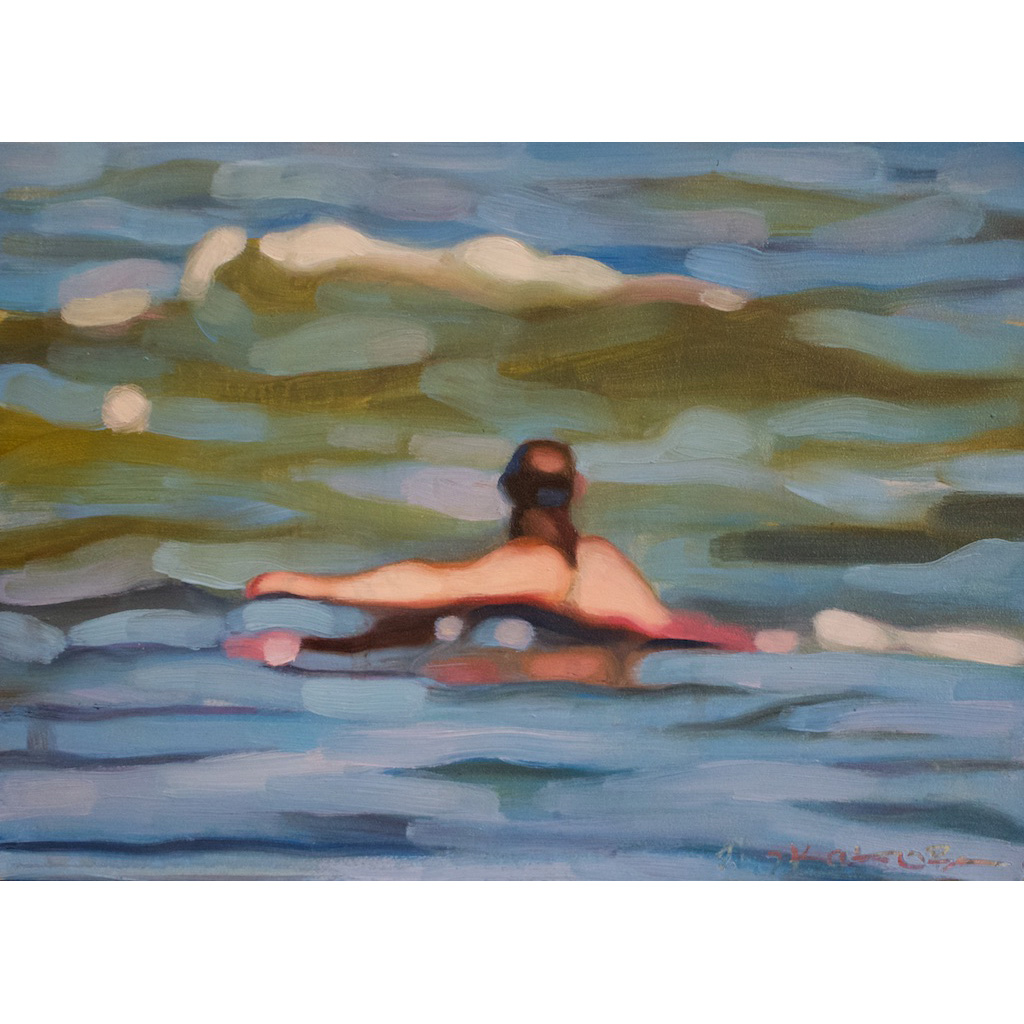 photo: oil on masonite painting of a swimmer in the ocean by artist Katrie Bonanno Swimmer