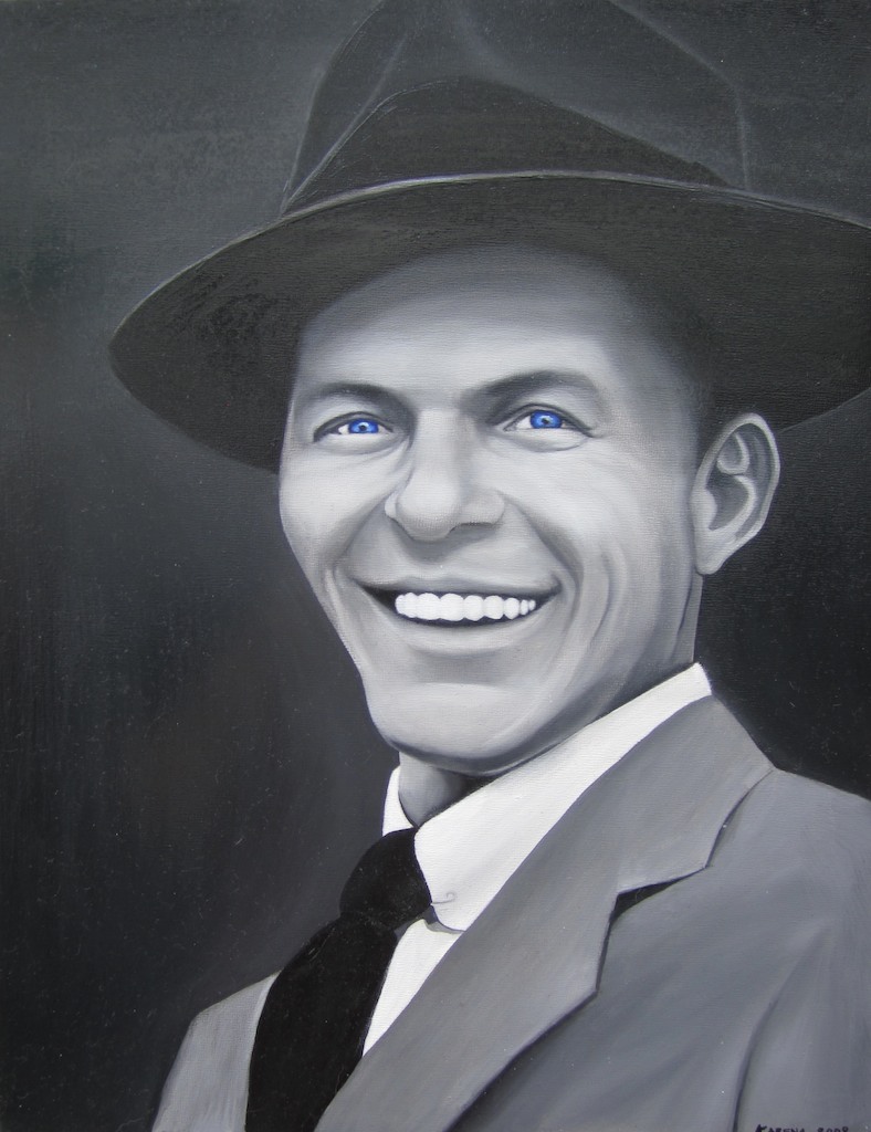 photo: Oil painting by Hudson Valley NY artist Katrie Arena of Frank Sinatra.  Black and white upper body portrait: chest, shoulders and head with blue eyes, wearing hat and tie.  oil on masonite.  painted in 2009 on commission. Frank Sinatra