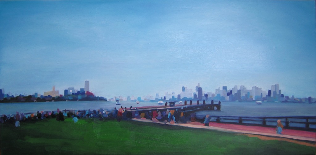 oil painting by Katrie Arena of lower Manhattan from Liberty Island