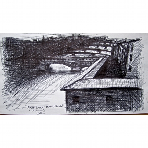 image: Pen on paper drawing by Hudson Valley NY artist Katrie Arena.  View of the Arno River from the Uffizzi in Florence, Italy.  Drawn in 2002.