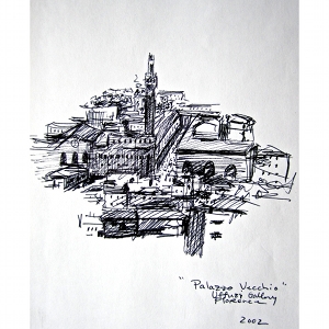 image: Pen on paper drawing by Hudson Valley NY artist Katrie Arena.  The Palazzo Vecchio in Florence, Italy.  Drawn in 2002.