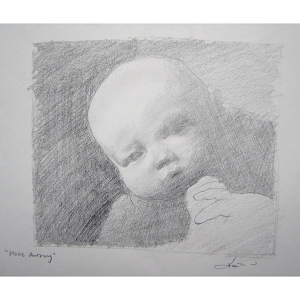 image: Pencil on paper drawing by Hudson Valley NY artist Katrie Arena.  Katries nephew Marc Antony as a baby.  Drawn in 2002.