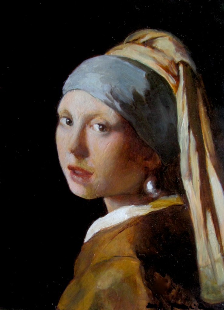 photo: Oil painting by Hudson Valley NY artist Katrie Arena.  Copy of Vermeer Girl with the Pearl Earring.  Painted in 2003. Girl with the Pearl Earring (copy)