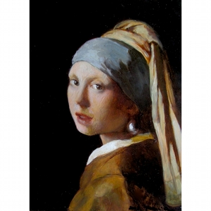image: Oil painting by Hudson Valley NY artist Katrie Arena.  Copy of Vermeer Girl with the Pearl Earring.  Painted in 2003.