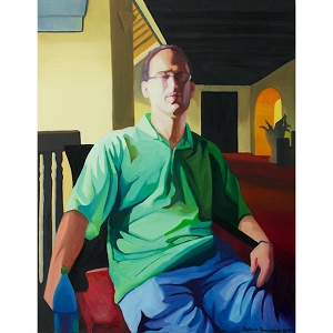 image: oil on masonite portrait painting of James Bonanno in the El Convento hotel in San Juan, Puerto Rico.  Painted by artist Katrie Bonanno.