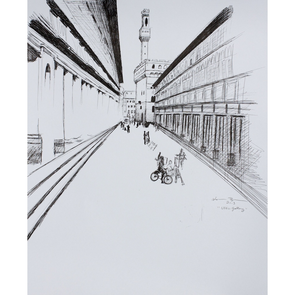 photo: pen on paper drawing of the Uffizi Gallery in Florence Italy by artist Katrie Bonanno. Uffizi Gallery