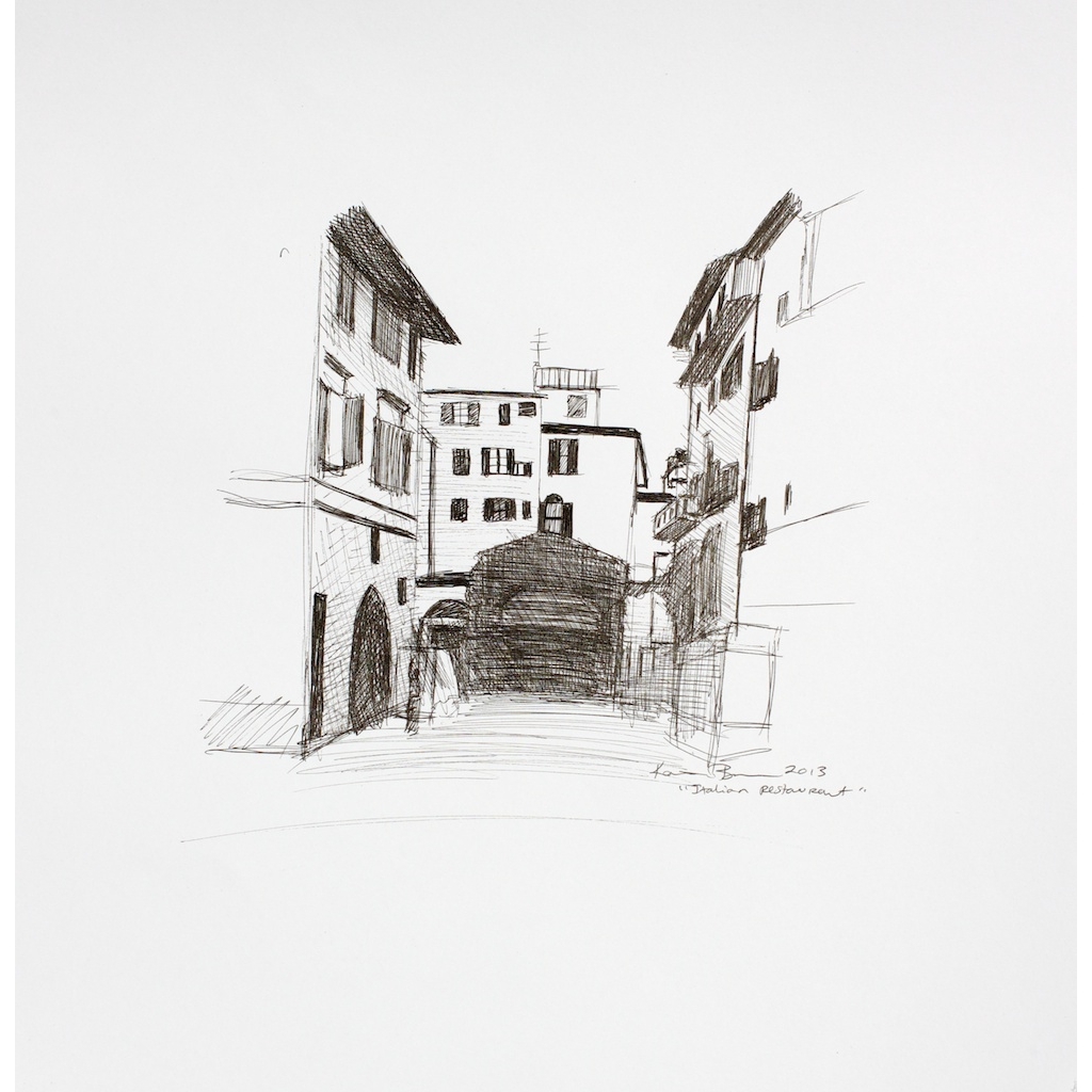 photo: pen on paper drawing of Italian restaurant in Florence, Italy by artist Katrie Bonanno. Italian Restaurant